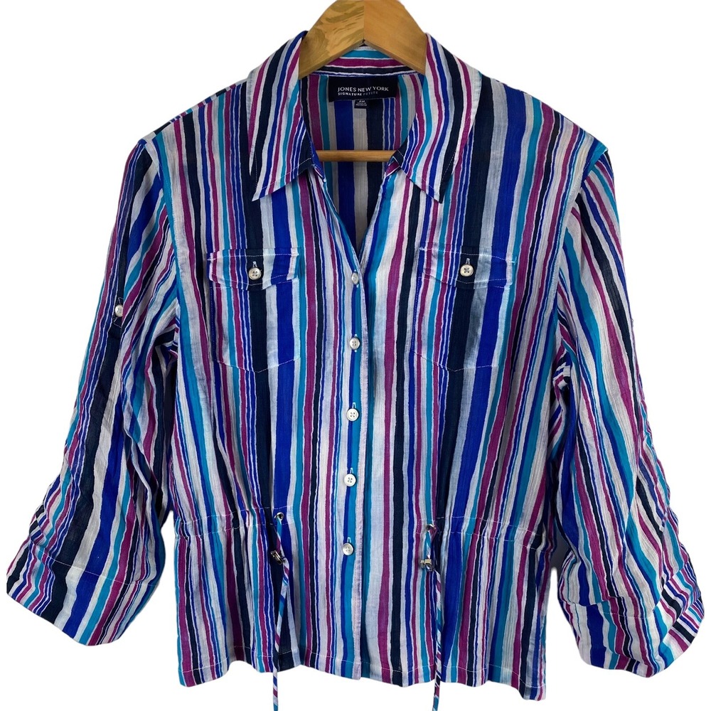 Jones New York Womens Petite M Multicolor Striped Top 3/4 Sleeve Casual